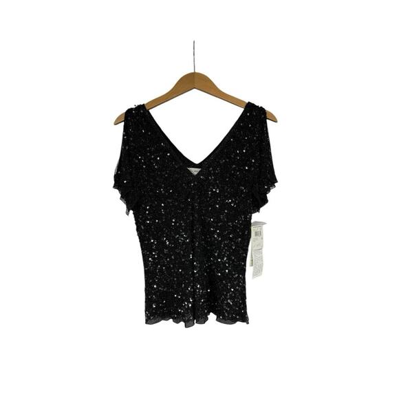 Papell Boutique Evening 100% Silk Black Flutter Sleeve Fully Beaded Top M Petite - Picture 1 of 9